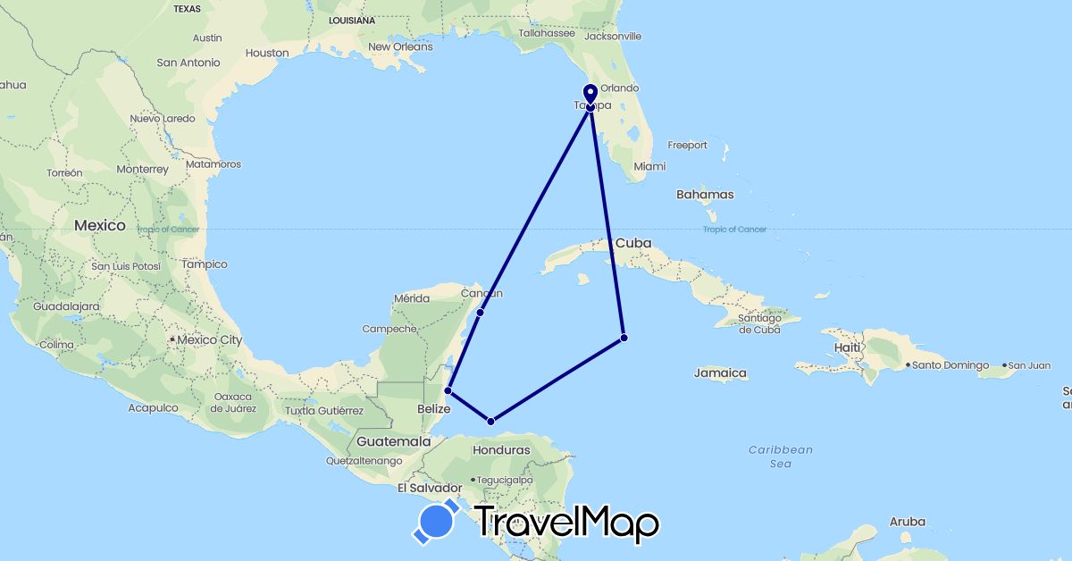 TravelMap itinerary: driving in Belize, Honduras, Cayman Islands, Mexico, United States (North America)